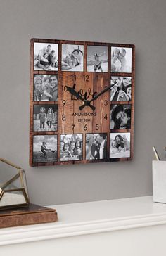 a clock that has photos on it