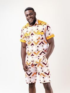 Here’s your chance to show off your bright side in this incredibly cool Mane shorts matching set .it's simple but so chic.Great for a day at the beach or pool, but also for a nice casual outdoor event. It's all yours Description 100% Cotton African Print Wax Short sleeves shirt and matching shorts Front lapel, one button Front button shirt Shorts with zipper Made in Cameroon Fabric from Benin Care instructions Hand wash cold Hang to dry Do not bleach Iron on the wrong side Mens African Short Sleeve Shirts, African Fabric Shirt, Ankara Shirt For Men Short Sleeve, African Print Tshirt Men, Men’s Chitenge Shirts, Shorts Matching Set, Short Sleeves Shirt, Outdoor Event, Kitenge