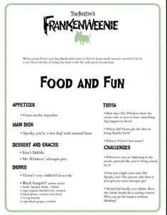 the menu for frankeweene's food and fun