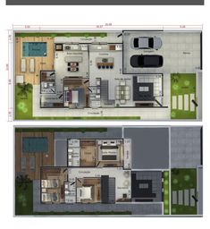 two floor plans showing the living room, dining area and kitchen areas with an outdoor swimming pool