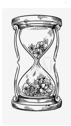 an hourglass with flowers and leaves on the inside, drawn by hand in pencil