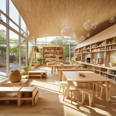 a room filled with lots of wooden tables and chairs