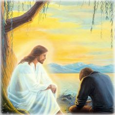 jesus sitting on the ground next to a man kneeling down in front of a tree