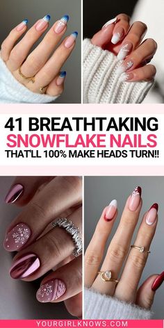 Snowflake Nails French Tip, Nails Acrylic Snowflake, Snowflake Nails Short, French Tip Winter Nails, Red Snowflake Nails, Christmas Party Nails, Red And Silver Nails, Christmas Snowflakes Nails, French Bleu