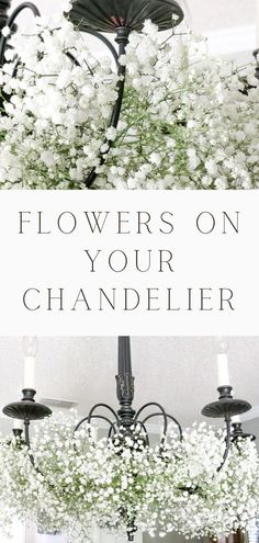 a chandelier with flowers hanging from it and the words, flowers on your chandelier