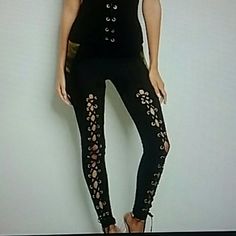 Black Lace Up Leggings. Edgy Tight Black Bottoms, Edgy Black Tight Pants, Edgy Tight Bottoms, Trendy Black High Rise Leggings, Edgy High-rise Stretch Leggings, Edgy High Rise Stretch Leggings, Tight Black Bottoms For Spring, Casual Leggings For Summer Nights Out, Casual Summer Leggings For Night Out