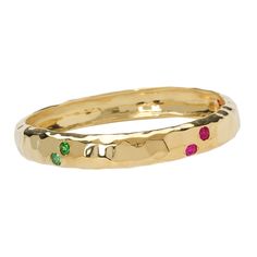 An appealing and comfortable bangle displaying eye-catching colours of zircon in shades of cerise pink, lime green, pale blue, crystal clear and orange.  This handmade treasure is made with love using the best materials.  The hammered 18k gold-plated bangle has a rich look and feel, whilst sitting comfortably over clothing or on the skin.  This bangle works well with all pieces of the Yaa Yaa London collection and is sure to be a firm favourite for colour lovers.  This easy to wear bangle will w Designer Handmade Jewellery, Cerise Pink, Unique Gemstones, Gold Texture, Metal Bracelets, Vintage Jewellery, Stone Earrings, Pale Blue, Stone Jewelry