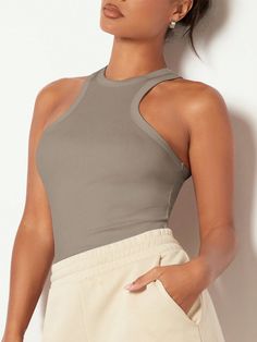 Women's Sleeveless Round Neck Bodycon Camisole In Solid Color Ribbed Knit Grey Casual   Knitted Fabric Plain Tank Medium Stretch  Women Clothing, size features are:Bust: ,Length: ,Sleeve Length: Gray Stretch Vest For Spring, Gray Seamless Tank Top For Summer, Sleeveless Ribbed Stretch Tops, Beige Stretch Sleeveless Halter Top, Beige Sleeveless Trendy Halter Top, Gray Stretch Tank Top For Summer, Gray Stretch Vest, Solid Color Racerback Tank Top With Seamless Construction, Seamless Sleeveless Gray Crop Top