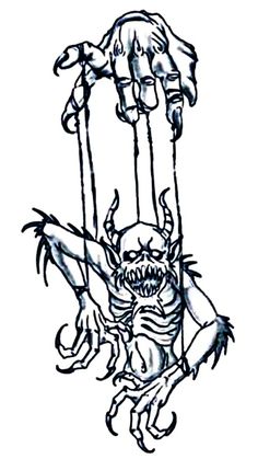 a black and white drawing of a demon hanging upside down from the ceiling with two hands