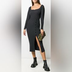 Sandro Madine Knit Ribbed Midi Long Sleeve Dress With Button Detailing New With Tags. Details: Size: "2" = Us Medium (See Sizing Chart). Stretchy Color: Dark Charcoal Grey - Puff Sleeves - Below Knee Length. Could Be Maxi Dress Depending On How Tall You Are. - Leg Slit - Scoop, Square Sweetheart Neckline - Notched Neckline, Long Leg Of Mutton Sleeves - Asymmetric Buttons Featuring The "Sandro" Logo - Front Slit - Slim Bodycon-Ish (Not Super Tight) Style - Imported. Machine Washable - Ribbed Tigh Midi Long Sleeve Dress, Beautiful Cocktail Dresses, Leg Of Mutton Sleeve, Notched Neckline, Jacquard Shirt, Preppy Dresses, Y2k Dress, Midi Wrap Dress, Mini Tank Dress