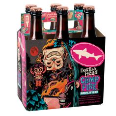 three bottles of beer with an image of a shark on the front and bottom one is pink