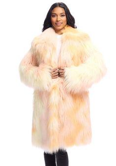 Inspired by a time when London ruled fashion, the Go-Go Coat harkens back to a fabulous era of fun, fantasy-filled fashion. In texture-laden faux Angora Goat, this free-spirited coat perfectly fits the swinging '60s. In a color palette spanning Ivory to pale Taupe, with a hint of Peach, the warm ombré pattern  plays well on soft, silky Angora Goat. Surprisingly lightweight and flattering, thanks to its fluid, drapey hand, its vintage vibes are tempered by a tailored notch collar for a timeless, ageless classic. European fur hooks and velvet pockets are concealed to further tame the texture,  If you're ready to skip the ubiquitous Black Winter coat in favor of cool encore style, say hello to the 36" knee-length Go-Go Coat. Designed to dress up or down, the Go-Go is perfect over a metallic s Large Fur Coat, Flare Jeans Shoes, Knee Care, Womens Faux Fur Coat, Maxi Jumpsuit, Fabulous Furs, Black Winter Coat, No Heat, Retro Shirts