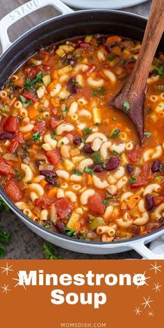 a pot full of minestone soup with a wooden spoon in it and text overlay