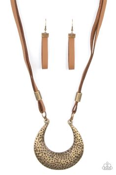 Infused with antiqued brass beads, strips of brown leather link to an oversized half moon pendant that is hammered in a bold brass finish, creating a rustic statement piece below the collar. Features an adjustable clasp closure. Sold as one individual necklace. Includes one pair of matching earrings. Pink Jewels, Mobile Boutique, Brass Beads, Brass Necklace, Paparazzi Accessories, Paparazzi Jewelry, Hammered Silver, Moon Pendant, Cord Necklace