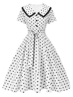 White 1940s Polka Dot Lapel Dress | Retro Stage Vintage Housewife Dress, Fall Dress Trends, Polka Dot Dress Vintage, 1940 Fashion, Square Neck Bodycon Dress, 40s Style Dresses, 1940s Fashion Women, Housewife Dress, Dinner Train