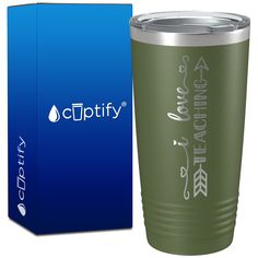 a green tumbler cup next to a blue box with the captity logo on it