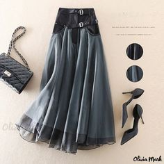 Olivia Mark - High-Waisted Mesh Patchwork A-Line Skirt with Flowy Hemline Organza Midi Skirt, Tule Rok, Skirt Draping, Unique Skirts, Elegant Ball Gowns, High Waisted Pleated Skirt, Skirts Midi High Waisted, Cooler Look, Skirt Skirt