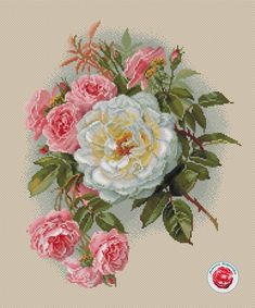 a cross stitch pattern with pink and white flowers