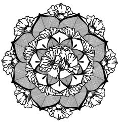 a black and white drawing of a flower with leaves in the center, on a white background