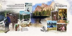 an advertisement for yosemite national park with images of people and animals in the background