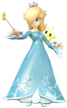 a cartoon character dressed in blue holding a wand and wearing a princess dress with stars on it