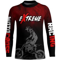 a red and black shirt with an image of a man riding a dirt bike on it