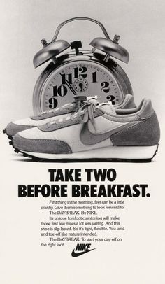 an advertisement for nike shoes with a clock on the front and bottom half of it