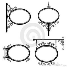 four wrought iron signs hanging on the side of a pole with two poles and one sign