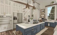 an artist's rendering of a kitchen with blue and white cabinets