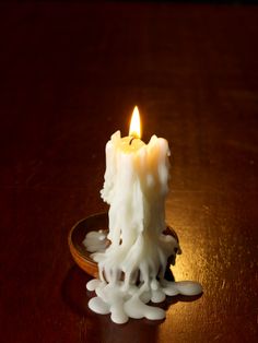 a lit candle sitting on top of a wooden table