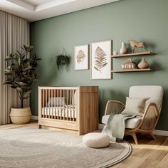 a baby's room with green walls and wooden furniture