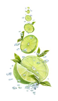 lime slices are falling into the water