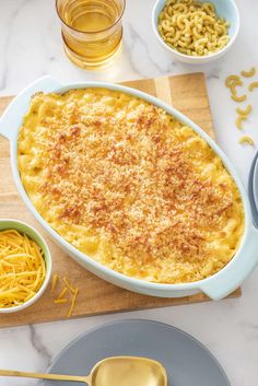 the macaroni and cheese dish is ready to be eaten