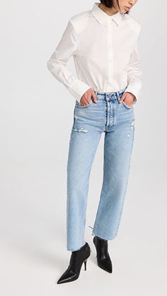 ANINE BING Gavin Jeans | SHOPBOP Chic Distressed Jeans For Everyday, Chic Distressed Jeans, Chic Jeans With Frayed Straight Hem, Ripped Flare Jeans For Spring, Chic Jeans With Frayed Hem, Ripped Flare Jeans For Everyday Spring Wear, Spring Ripped Flare Jeans For Everyday Wear, Spring Everyday Ripped Flare Jeans, Distressed Cotton Cropped Jeans For Everyday