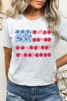 Flower USA Flag Graphic T-shirt. Unisex Crew Neck Short Sleeves 100%COTTON HEATHER(52%COTTON,48%POLY) ATH.HEATHER,BLACK HEATHER(90%COTTON,10%POLY) Imported Size Measurement (inch): S: 36.0 (Bust), 18.0 (Waist), 18.0 (Hips), 28.0 (Length) M: 40.0 (Bust), 20.0 (Waist), 20.0 (Hips), 29.0 (Length) L: 44.0 (Bust), 22.0 (Waist), 22.0 (Hips), 30.0 (Length) XL: 48.0 (Bust), 24.0 (Waist), 24.0 (Hips), 31.0 (Length) White T-shirt With American Flag Print For Spring, Summer Gray Floral Print Tops, Gray Floral Print Summer Tops, Gray Floral Print Tops For Summer, Casual Gray Tops With Floral Print, Casual Gray Floral Print Tops, American Flag Print T-shirt For Spring, Spring Graphic Tee With Flag Print, Spring Crew Neck T-shirt With American Flag Print