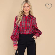 Plaid Button-Down Collard Shirt. Size Small. See Measurements. Balloon Sleeves. 100% Cotton. Chic Plaid Collared Blouse, Chic Collared Plaid Blouse, Plaid Button Closure Workwear Top, Plaid Tops With Button Cuffs For Work, Plaid Long Sleeve Blouse For Office, Elegant Plaid Long Sleeve Tops, Red Button-up Blouse With Button Cuffs, Red Office Shirt For Fall, Red Shirt For Office In Fall