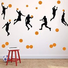 PRICES MAY VARY. ► Basketball Theme Decals Wall Art：There are various action silhouettes about the basketball players slamming dunk, which is perfect for teens who are into basketball. It can give you power of sporting every moment you look at them and show your passion on basketball. ►Versatile Decoration Scenes: These sport stickers are perfect for teens room! As its active postures art print, you can decorate bedroom, gym, corridor , nursery room, game room, living room, art room, classroom o Basketball Slam Dunk, Basketball Room, Basketball Decorations, Kids Bedroom Boys, Basketball Theme, Teenager's Room, Basketball Wallpaper, Sport Player, Bedroom Playroom