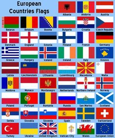 the flags of european countries in different colors and sizes, all with their respective country names