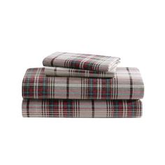 three plaid sheets are folded on top of each other, one is red and the other is grey