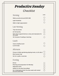 Download our productive sunday Checklist for free on our website. It will help you be productive and relax before starting the new week! #weekend #activities #weekendactivities #checklist #sunday #whattodoonsunday #sundaytodo Sunday Routine For A Productive Week, Weekend Checklist, Weekend Planner, Light Breakfast, Go To Bed Early, Health Routine