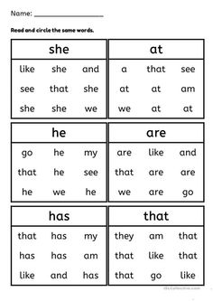 worksheet for reading the words that are in each word and then to read them