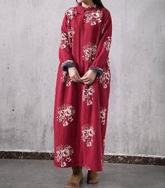 winter Plus velvet loose long dress cotton Winter robe Warm gown dark blue dress Red wine dress Red Floral Print Dress For Winter, Elegant Long Cotton Dress, Casual Red Long Sleeve Dress For Spring, Winter Floral Print Long Sleeve Dresses, Long Sleeve Floral Print Winter Dress, Red Long Sleeve Cotton Dress, Red Summer Dress With Stand Collar, Winter Cotton Dress With Floral Print, Winter Cotton Floral Print Dress