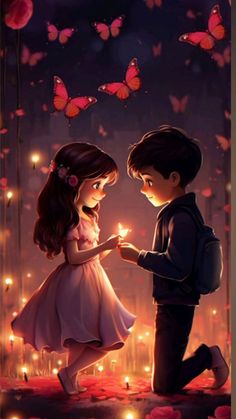 a boy and girl standing next to each other in front of candles with butterflies flying above them