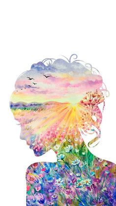 a watercolor painting of a woman's face with flowers and birds flying around her