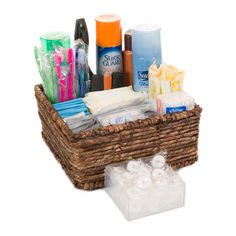 a wicker basket filled with personal care items