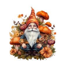 an image of a gnome sitting in the middle of mushrooms and leaves with flowers around him