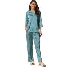 Great for loungewear, nightwear, sleepwear, home bedroom, and daily wear. This loungewear pajama set for women is constructed of satin fabric, and pants with elastic waist, making it convenient to take on/off, keeping you pretty and comfortable all day. Featuring solid color and palazzo pants design, soft and comfortable make you feel cozy all night, and enjoy a comfortable sleep and sweet dream.No matter the cozy bedtime, casual home relax, laze afternoon, comfy bath, the soft and lightweight w Blue Relaxed Fit Sleepwear For Night, Blue Satin Sleepwear For Pajama Party, Blue Satin Pajama Party Set, Blue Satin Sleep Set, Blue Satin Sleepwear Set, Blue Satin Bedtime Sets, Casual Full-length Sleepwear For Relaxation, Elegant Blue V-neck Sleepwear, Comfortable Full-length Sleepwear For Relaxation