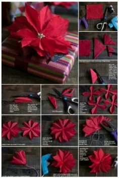 a collage of photos showing how to make paper poinsettis