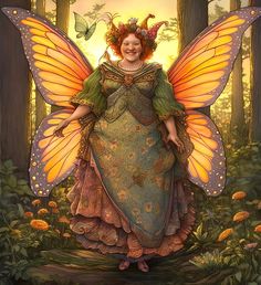 a woman dressed as a fairy standing in the woods with butterflies on her head and wings