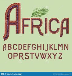 an african alphabet with the letters and numbers in red, green, blue and white